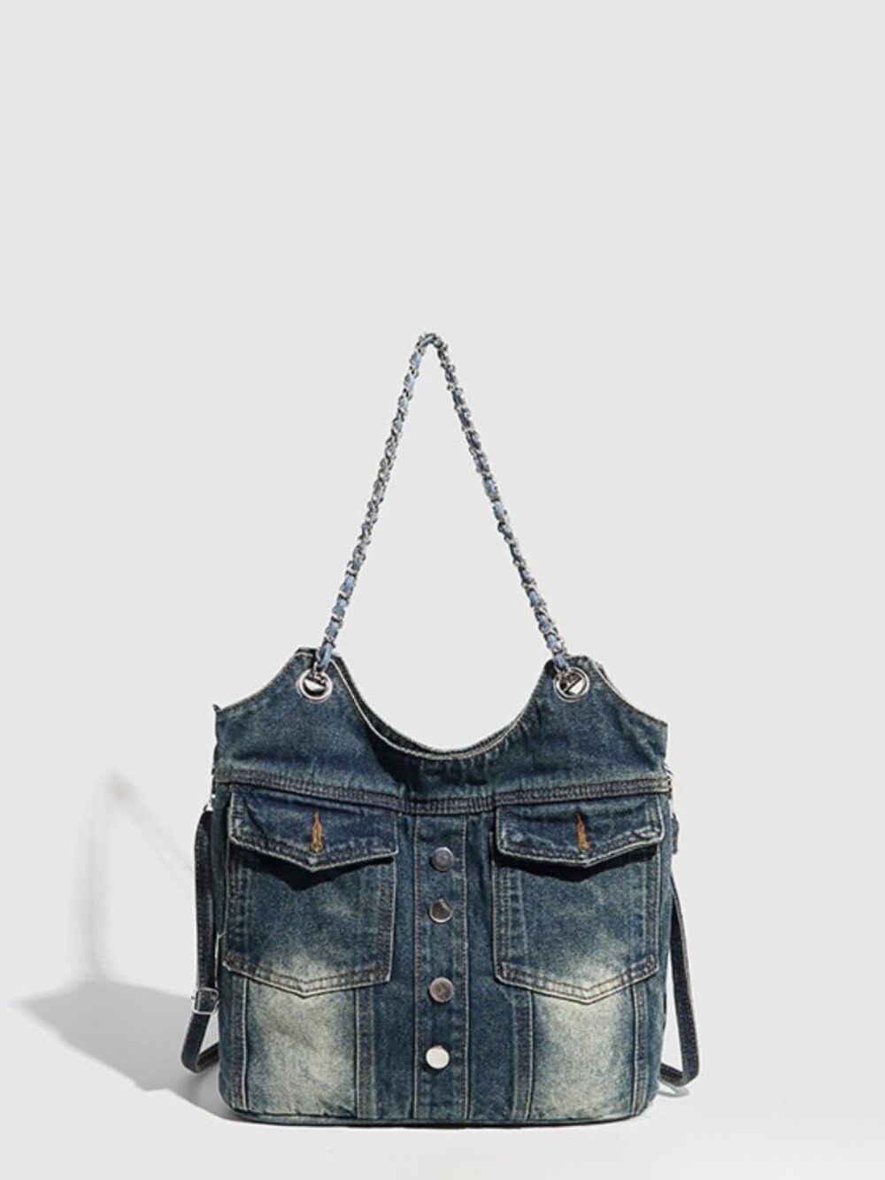 Y2K Blue Denim Chain Shoulder Bag Multi Pocket Slouchy Tote Purse